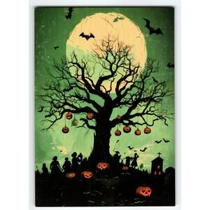 Vintage Halloween Postcard Spooky Tree with Jack-o'-Lanterns & Bats